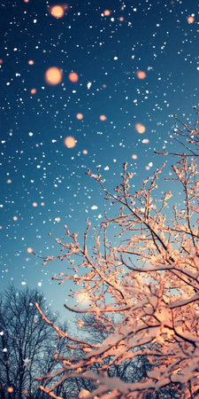 Whispers of Winter Enchanted Night Scene with Snow-Covered Branches and a Dreamy Atmosphereの素材