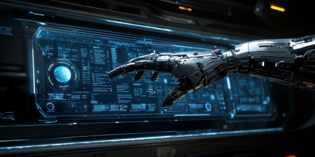 Robotic Arm Interacting with Holographic Interface for Advanced Data Analysis and AI Technologyの素材