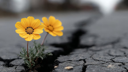 Two Daring Yellow Flowers Thriving Through an Asphalt Crack, Symbolizing Resilience and Perseveranceの素材