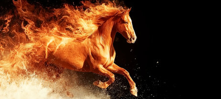 Fiery Horse Galloping Through an Enchanted Forest at Dusk, A Mystical Creature of Power and Graceの素材