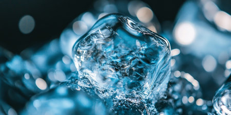 Translucent Ice Forms and Frozen Water Crystals Displaying Abstract Formations in a Cool Backgroundの素材