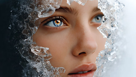 Abstract Portrait of a Woman with Ice Details, Capturing Cold Beauty in a Surreal Artistic Visionの素材