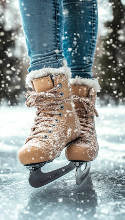 Enjoying the Thrill of Ice Skating A Close-Up of Skates Gliding on a Beautiful Winter Ice Rinkの素材