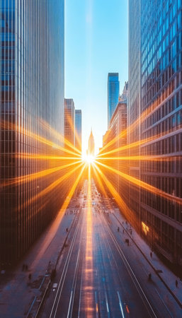 Stunning Urban Sunrise Over Skyscraper Canyon Dramatic Lighting and Modern Cityscape Aestheticの素材