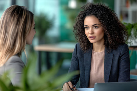 Dynamic Female Duo Engaged in Corporate Dialogue, Emphasizing Professionalism and Modern Strategiesの素材