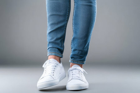Casual Fashion Person in Blue Jeans and White Sneakers Posing Against a Stylish Gray Backgroundの素材