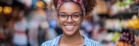 Cheerful millennial girl with headband and stylish glasses poses for a portrait with happiness.の素材