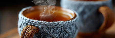 Warmth and Comfort from Steamy Coffee in Woolen Cozies on a Cozy Indoor Table Settingの素材