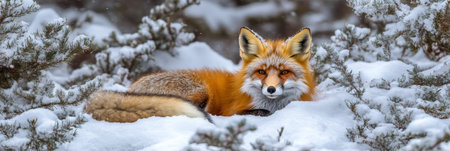 Majestic Red Fox Relaxing in a Snowy Forest Surrounded by Evergreen Trees in Winter Wonderlandの素材