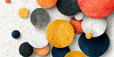 Elegant Modern Art Design Featuring Colorful Circular Shapes on a Textured Artistic Backdropの素材