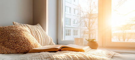 Cozy Morning with Reading by the Window, Sunlight Streaming In, and a Peaceful Atmosphereの素材