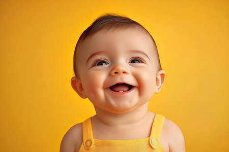Adorable baby laughing joyfully on sunny wallpaper, capturing the pure innocence of childhood joy.の素材