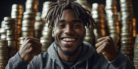 Celebrating Financial Success A Man Cheers Over His Achieved Abundance and Gratificationの素材