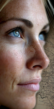 Contemplative Blue-Eyed Woman Lost in Thought, Reflecting on Life and Future Aspirations Aheadの素材