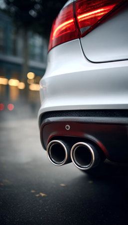 Sleek Silver Vehicle Exhaust System with Shiny Chrome Pipes on Modern Luxury Car in Urban Settingの素材
