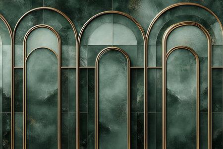 Geometric Serenity Abstract Composition of Green and Gold Tones with Arches and Elegant Depthの素材