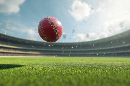 Dynamic Action Shot of a Red Cricket Ball Soaring Through the Air on a Lush Green Fieldの素材