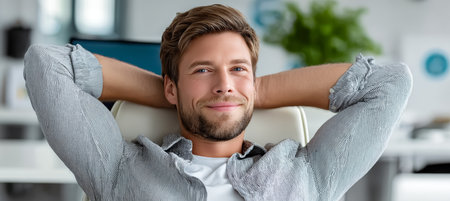 Relaxed employee daydreams at his modern desk, enjoying a peaceful break in the workplace.の素材