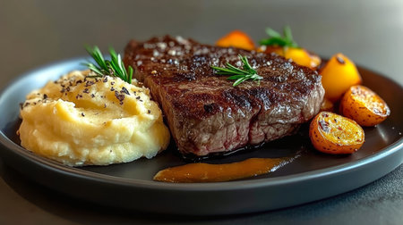 Delicious Plate of Perfectly Cooked Steak with Mashed Potatoes and Roasted Vegetables for Diningの素材