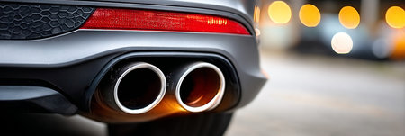 Close-Up of a Luxurious Automotive Muffler with a Shiny Metallic Pipe and Elegant Designの素材