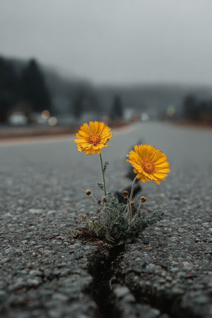 Resilience in Nature Two Yellow Flowers Emerge from a Crack in the Gray Asphalt, Symbolizing Hopeの素材