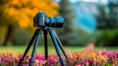 A Majestic Autumn Landscape with a Camera on a Tripod Capturing Nature s Beauty in Bokehの素材