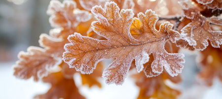 Frosted Oak Leaves in Winter Capturing Nature s Intricate Patterns and Textures of the Seasonの素材