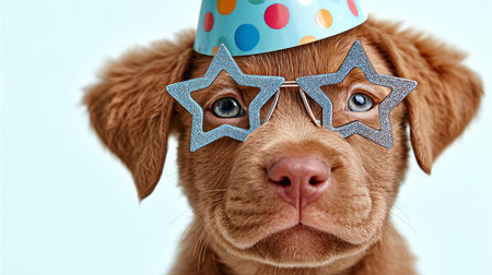 Happy puppy celebrates birthday wearing a party hat and star sunglasses against a blue backdrop.の素材