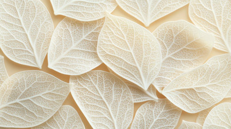 Close-up of Delicate, Translucent White Leaves with Ethereal Veins on a Soft Beige Backgroundの素材