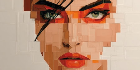 Abstract Geometric Artwork of a Woman s Portrait in Cubist Style with Vibrant Red and Orange Makeupの素材