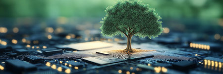 Fusion of Nature and Technology A Green Tree Growing from a Circuit Board Representing Innovationの素材