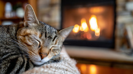 Adorable Cat Snuggled Up in a Soft Blanket, Sleeping Peacefully by a Cozy Fireplace in Winterの素材