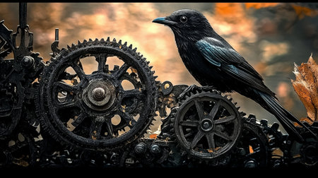 Mysterious black bird perched on intricate clockwork gears under a dramatic cloudy sky, digital artの素材