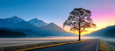 Breathtaking Sunrise Over Misty Mountains with Lush Green Trees Framing the Scenic Road Aheadの素材