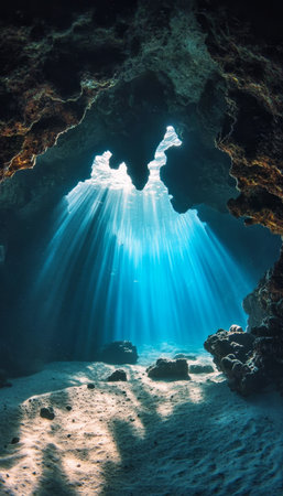 Beneath the Surface Sunlight Illuminates an Underwater Cave, Unveiling Shadows and Mystical Depthsの素材