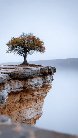 Lonely Sentinel Towering on Cliff Edge, Embracing Solitude Against a Vast, Foggy Landscape at Dawnの素材