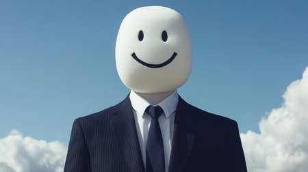 Joyful Surreal Character with a Happy Face Set Against a Dreamy Cloud Background for Success Storiesの素材