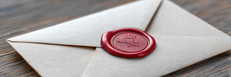 Vintage Correspondence Antique Envelope with Red Wax Seal on Textured Wood Surface, Classic Designの素材