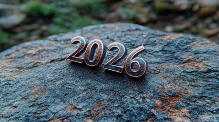 Futuristic Metallic 2026 Numerals Displayed Against a Dark Background Surrounded by Lush Natureの素材