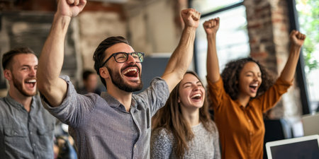 Exuberant multiracial employees celebrating a successful team project achievement with joy and unityの素材