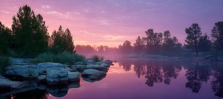 Tranquil Morning by the Serene Lake Pastel Sunrise Colors Reflecting on the Calm Water Surfaceの素材