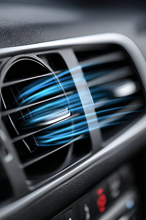Modern Car Air Conditioning System Displaying Cool Blue Wind for Optimal Vehicle Climate Controlの素材
