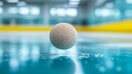 A Colorful Indoor Hockey Ball Hovers Above the Smooth Turquoise Ice Surface with Unique Reflectionsの素材