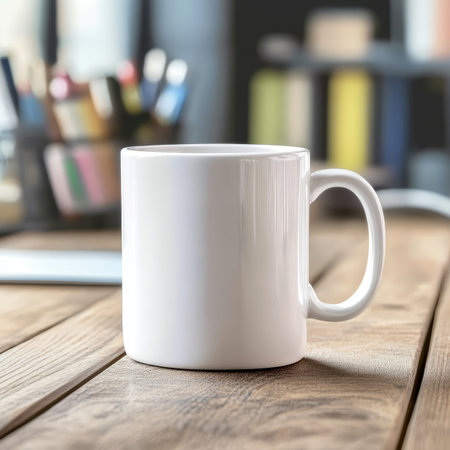 Minimalistic White Mug Close-Up on Light Wooden Desk, Ideal for Home Office Scene Concept Photoの素材