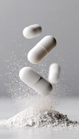 Pills Suspension and Powder Composition Displayed Elegantly Above a White Background Surfaceの素材