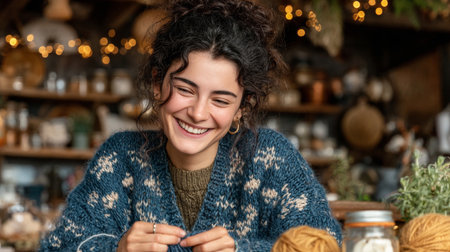 Joyful Moment Woman Knitting a Warm Wool Sweater in a Cozy Space, Embracing Her Craft Passionの素材