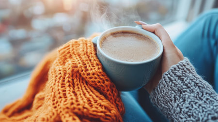 A Cozy Morning Scene with a Warm Cup of Coffee, Soft Sunlight, and a Peaceful Atmosphereの素材