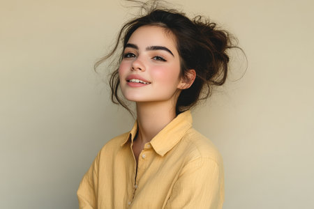 Charming young woman with stylishly messy hair poses confidently in a light beige studio setting.の素材