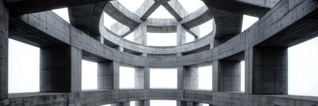 Stunning Concrete Structure with Unique Circular Pattern, Embraced by Lush Greenery and Natureの素材