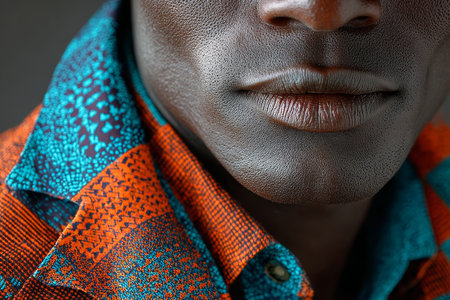 Close Up Portrait Showcasing Vibrant Textured Skin Detail and Ornate Afrocentric Print Design Shirtの素材